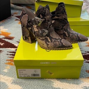 Gianni Bini Black and Brown Snake Print Heeled Boots